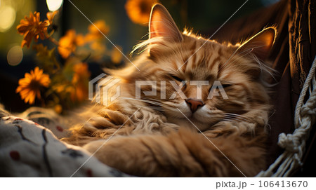 ハンモックで昼寝中の猫