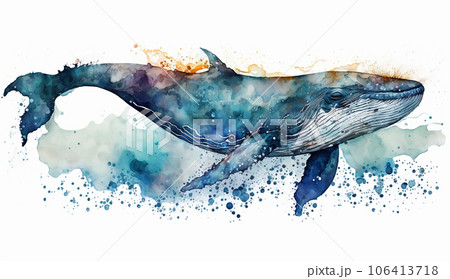くじらの白背景の水彩画