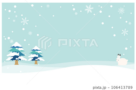 雪うさぎと雪の積もった針葉樹の背景フレームイラスト 雪うさぎと雪の積もった針葉樹の背景フレームイラスト 106413789