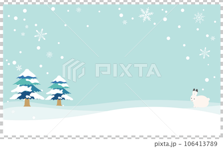 雪うさぎと雪の積もった針葉樹の背景フレームイラスト 雪うさぎと雪の積もった針葉樹の背景フレームイラスト 106413789