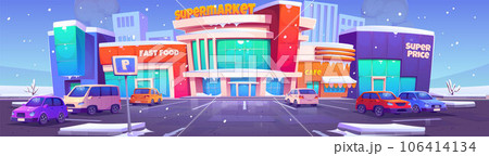 Parking with cars near supermarket in winter. Parking with cars near supermarket in winter. 106414134