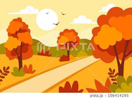 Autumn Landscape Background Vector Illustration with Mountains, Fields, Trees and Fall Leaves in Flat Cartoon Natural Season Panorama Templates Autumn Landscape Background Vector Illustration with Mountains, Fields, Trees and Fall Leaves in Flat Cartoon Natural Season Panorama Templates 106414293
