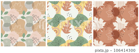 Set of Autumn Season Seamless Pattern Design with Fall Elements in Template Cartoon Flat Illustration Set of Autumn Season Seamless Pattern Design with Fall Elements in Template Cartoon Flat Illustration 106414300