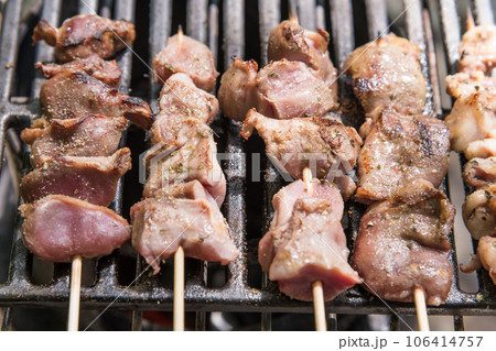 【オートキャンプ場でソロキャンプ　熾火で焼き鳥タン、ハツを焼く】 106414757