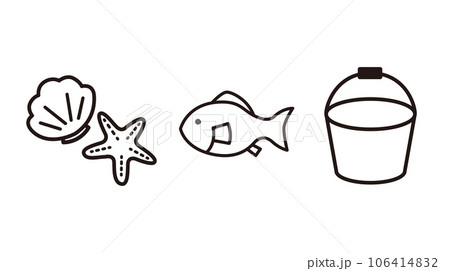 貝殻　ヒトデ　魚　バケツ　海水浴　潮干狩り　水遊び　夏休み　夏　デザインアイコン　優しい　エコロジー 106414832