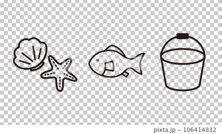 貝殻　ヒトデ　魚　バケツ　海水浴　潮干狩り　水遊び　夏休み　夏　デザインアイコン　優しい　エコロジー 106414832
