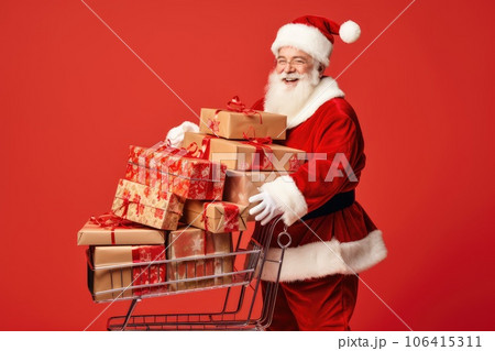 Fun Santa Riding Moped Carrying Pile Stack Fairy Purchases, Generative AI Illustration 106415311