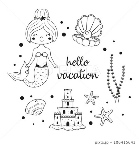 black and white marine print with mermaid 106415643