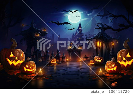 Halloween Pumpkin, Carved Jack Lantern, Scary Pumpkin on Table, Traditional Autumn Holiday 106415720
