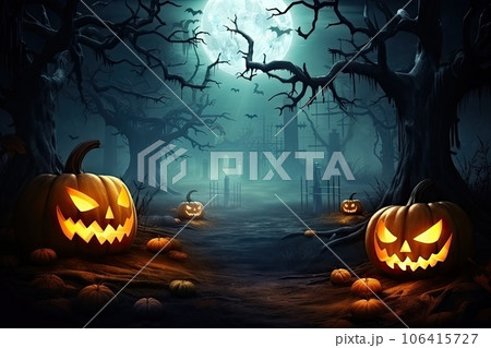 Halloween Pumpkin, Carved Jack Lantern, Scary Pumpkin on Table, Traditional Autumn Holiday 106415727