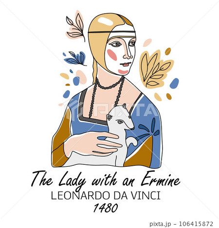 The Lady with an Ermine. Vector minimal line hand drawn illustration on white. Icon. The Lady with an Ermine. Vector minimal line hand drawn illustration on white. Icon. 106415872