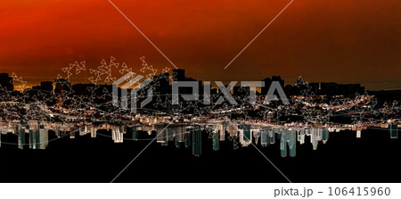 Panorama of night city under red sky. Social media and business communication technology concept 106415960