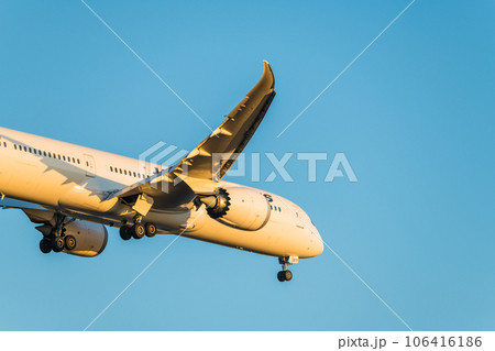 【夕日の城南島海浜公園上空から着陸態勢のJAL機】 【夕日の城南島海浜公園上空から着陸態勢のJAL機】 106416186