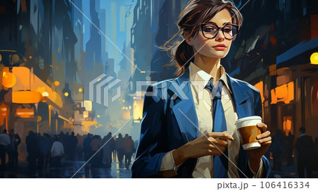 Confident businesswoman enjoys coffee 106416334