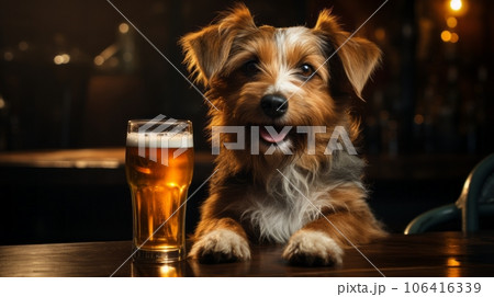 Dog enjoying a pub with beer 106416339