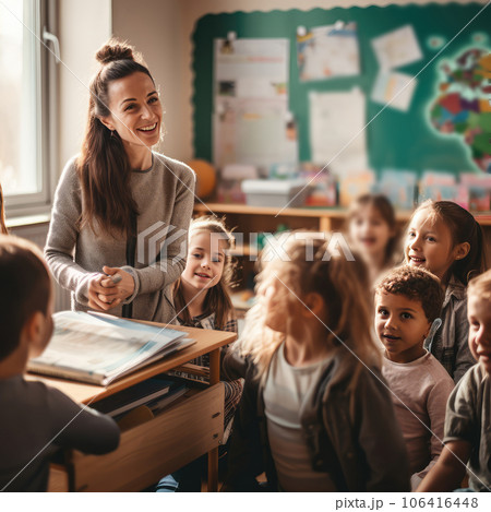 Elementary School Kids Group and Teacher, Happy Schoolchildrens, Generative AI Illustration 106416448