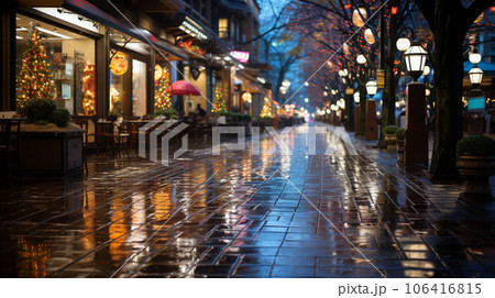 クリスマスシーズンの雨上がりのオフィス街のカフェ