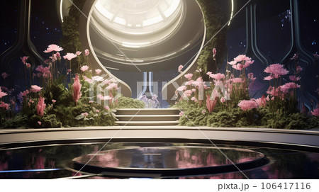 Colorful Futuristic Cylinder Scene with Flowers 106417116