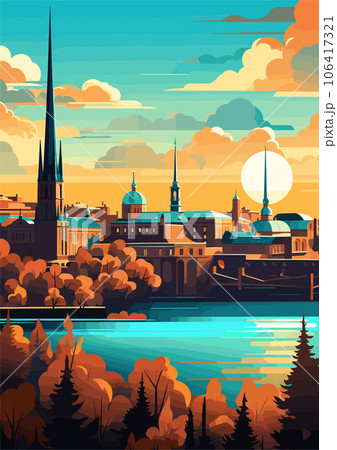 Travel Destination in Stockholm Sweden vintage print. holidays concept of illustration Travel Destination in Stockholm Sweden vintage print. holidays concept of illustration 106417321