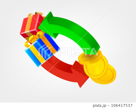 Two arrows with coins and gift boxes. 3d vector icons isolated on white background 106417537