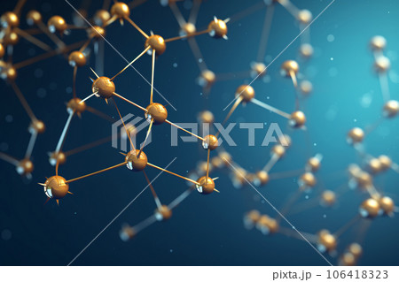 Molecular Chain of Golden Molecules on Blue Background 106418323