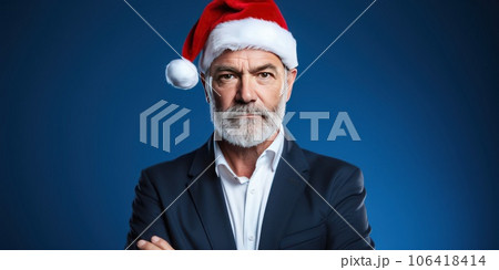 Serious businessman in santa hat on dark blue background. Serious businessman in santa hat on dark blue background. 106418414