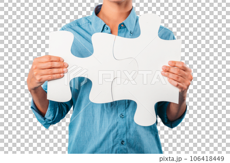 woman joins two puzzle pieces. concept teamwork, partnership, integration 106418449