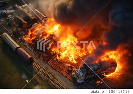 Aerical top view of a train derailed exploding with fire and smoke. Aerical top view of a train derailed exploding with fire and smoke. 106418518