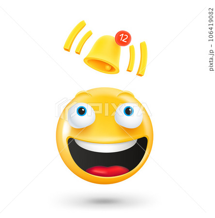 Yellow cute emoji face with notification bell. New messages concept. 3d vector illustration Yellow cute emoji face with notification bell. New messages concept. 3d vector illustration 106419082