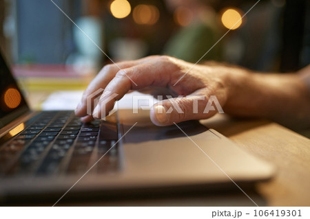 Male hands typing on laptop. Senior businessman working with projects. Modern office Male hands typing on laptop. Senior businessman working with projects. Modern office 106419301