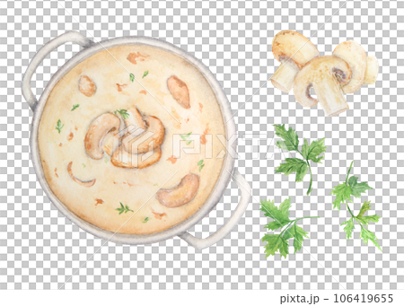 Watercolor hand drawn illustration of mushroom soup. Champignon kremb sauce with green parsley in pot. Clip art for cooking book, menu, restaurants, cafe. Painting for lable, packing 106419655