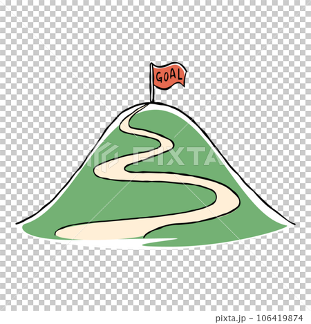Illustration of a hand-drawn mountain with a finish flag fluttering on the top of the mountain 106419874