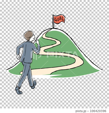 Hand-drawn illustration of a businessman aiming for the goal on the top of the mountain Hand-drawn illustration of a businessman aiming for the goal on the top of the mountain 106420396