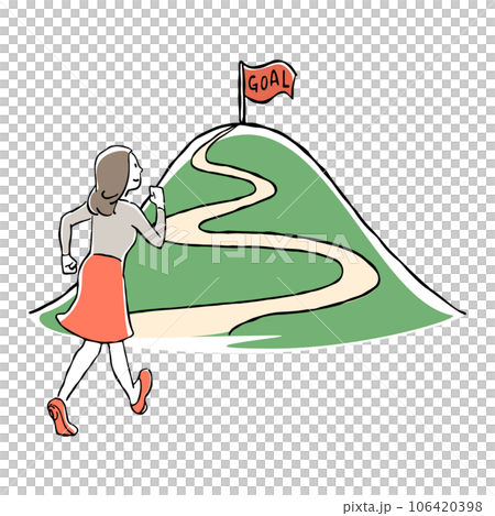 Hand-drawn illustration of a woman aiming for the goal of the mountaintop 106420398