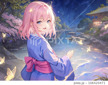ピンク髪の美少女　ショートカット　浴衣　 106420471