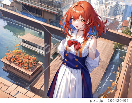 水彩画 オレンジ髪飾りの少女 A4サイズ オレンジ髪の美少女 ショートカットのイラスト素材 [106420492] - PIXTA