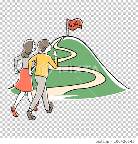 A hand-drawn illustration of a pair of men and women aiming for the goal of the mountaintop 106420543
