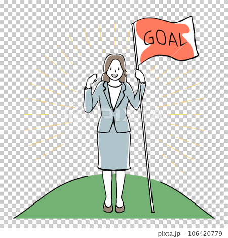 旗を片手にガッツポーズをする若いスーツの女性の手描きイラスト 旗を片手にガッツポーズをする若いスーツの女性の手描きイラスト 106420779