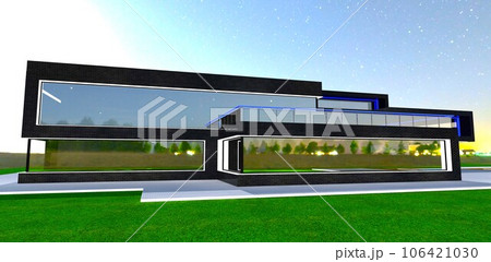 Bright moon light behind the modern suburban property with reflective glass facade at starry night. 3d rendering. Bright moon light behind the modern suburban property with reflective glass facade at starry night. 3d rendering. 106421030