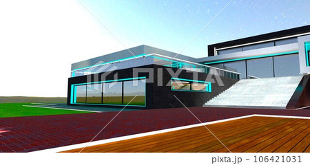 Bright moon rising above the territory of the unique property constructed according to innovative design. 3d rendering. 106421031