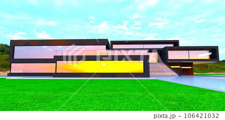 Bright sunrise reflection in the mirror windows of the contemporary property finished with black brick tile. 3d rendering. Bright sunrise reflection in the mirror windows of the contemporary property finished with black brick tile. 3d rendering. 106421032