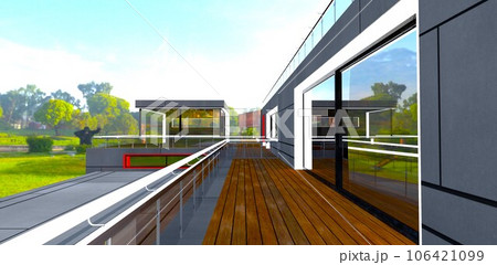 Long terrace of the modern property with illuminated facade elements. Big black gorilla in the yard. 3d rendering. 106421099