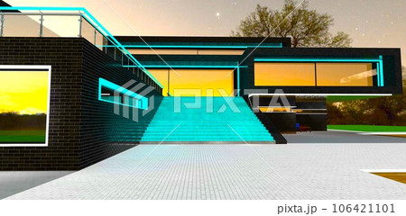 Magic color of the sunset reflected in huge panoramic windows of the fantastic suburban property. 3d rendering. 106421101