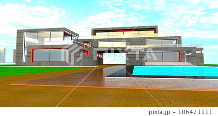 New design of the contemporary property with facade finished with trend metal panels. Brown tile pavement around the pool. 3d rendering. New design of the contemporary property with facade finished with trend metal panels. Brown tile pavement around the pool. 3d rendering. 106421111