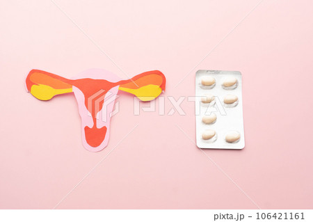 Uterus and vagina anatomy with white pills package on pink background. Treatment of vaginal infections from candidiasis, sexually transmitted infections. Gynecology concept. 106421161