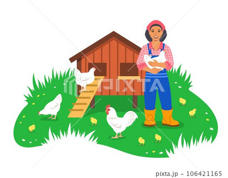 Happy smiling black farmer woman holds a chicken in hands standing near chicken coop. Hens, rooster and little chicks graze in green grass. Free range poultry. Eco farming. Simple flat illustration 106421165