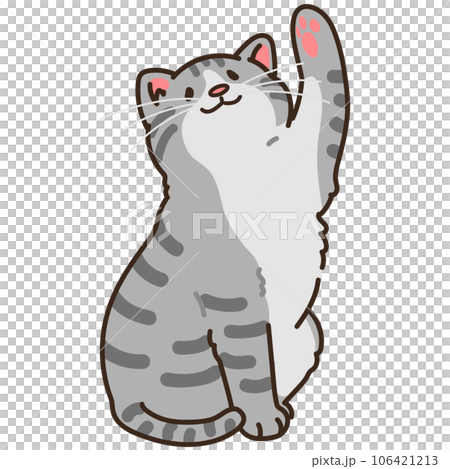座りながら遊ぶシンプルで可愛いサバトラ猫のイラスト 主線ありの