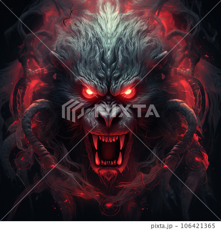 Image of angry demon monkey terrifying and flames on dark background. Wildlife Animals. Illustration, Generative AI. 106421365