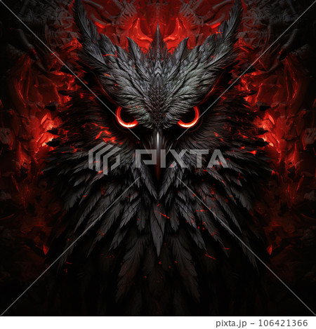 Image of angry demon owl terrifying and flames on dark background. Wildlife Animals. Illustration, Generative AI. 106421366
