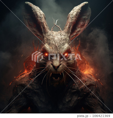 Image of an angry demon rabbit terrifying with flames and smoke on dark background. Wildlife Animals. Illustration, Generative AI. 106421369